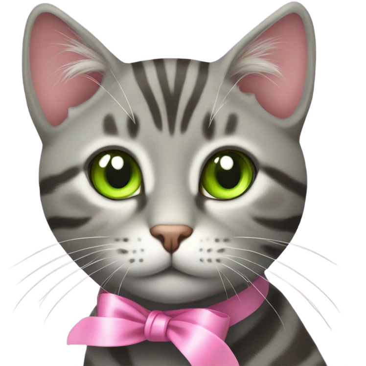 Grey tabby cat with pink ribbon emoji