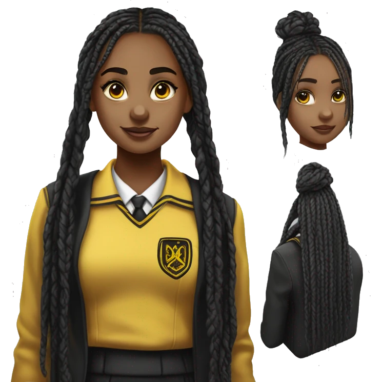 Hyper realistic girl with long black box braids wearing Hufflepuff school uniform emoji