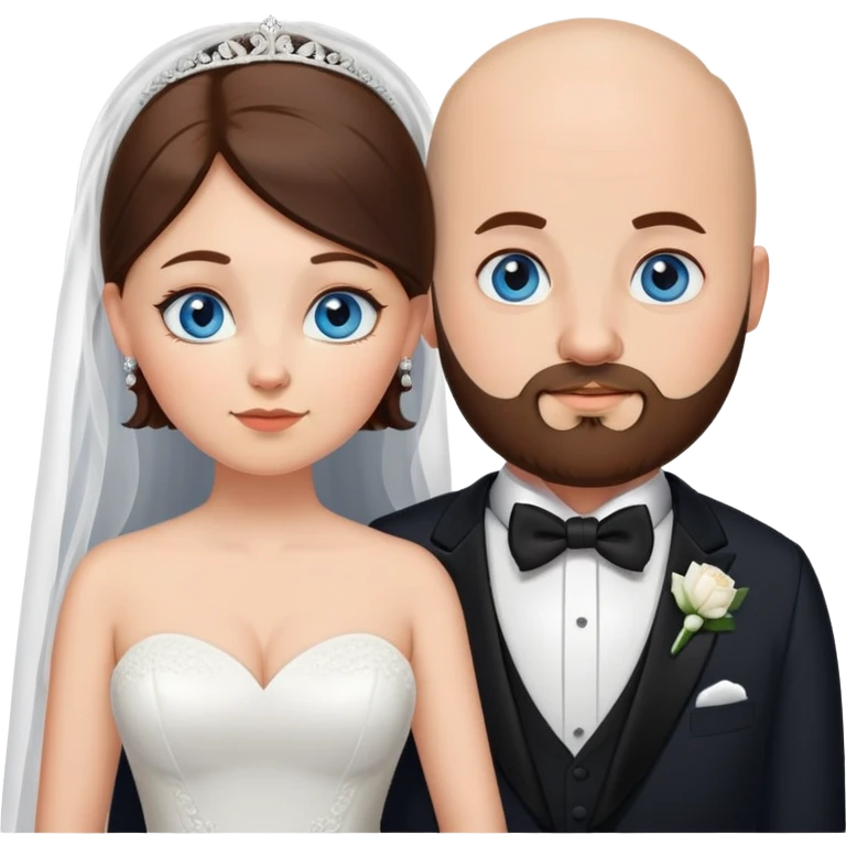 blue-eyed overweight bald man with a beard in a tux and brunette brown-eyed bride emoji