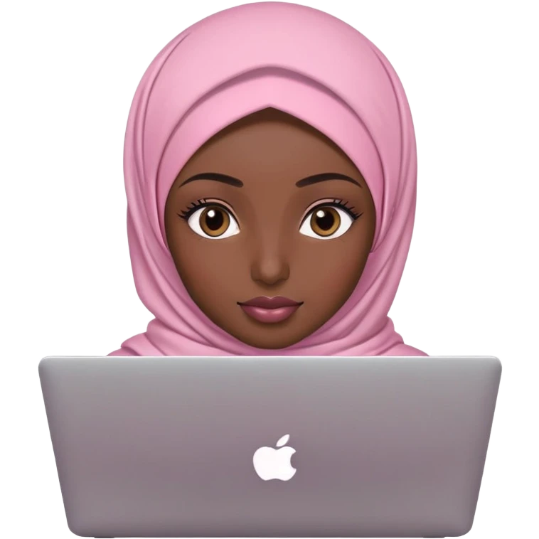 Dark skin skin woman wearing light pink hijab with natural makeup, long eyelashes and lip gloss working behind laptop emoji