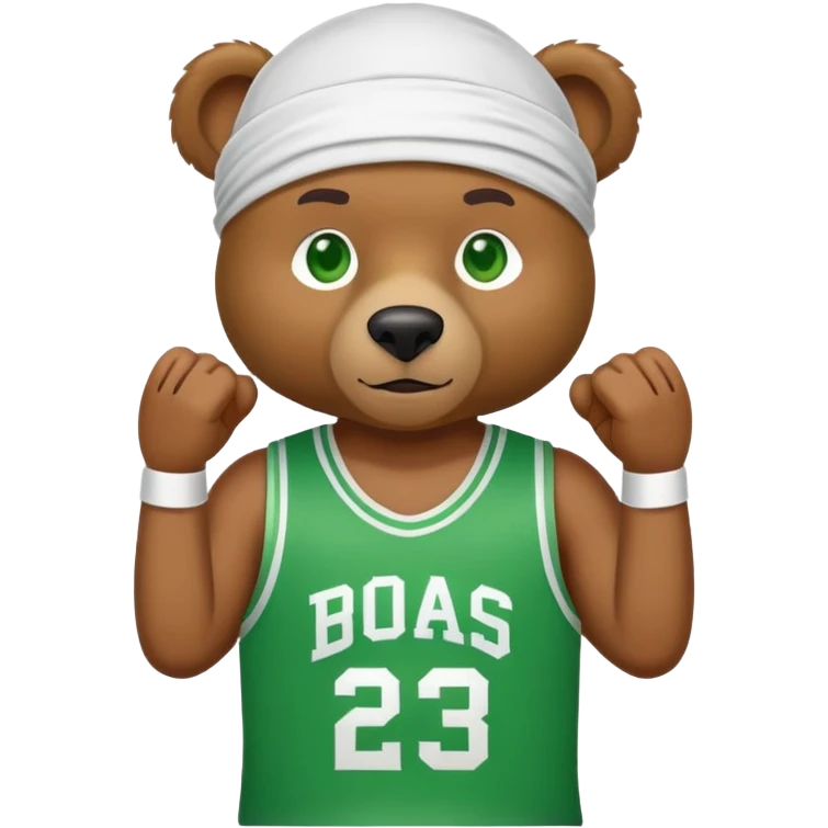 Cool brown bear with green eyes shown to shoulders, white durag, green and white basketball jersey visible on upper chest and shoulders, iOS emoji style emoji