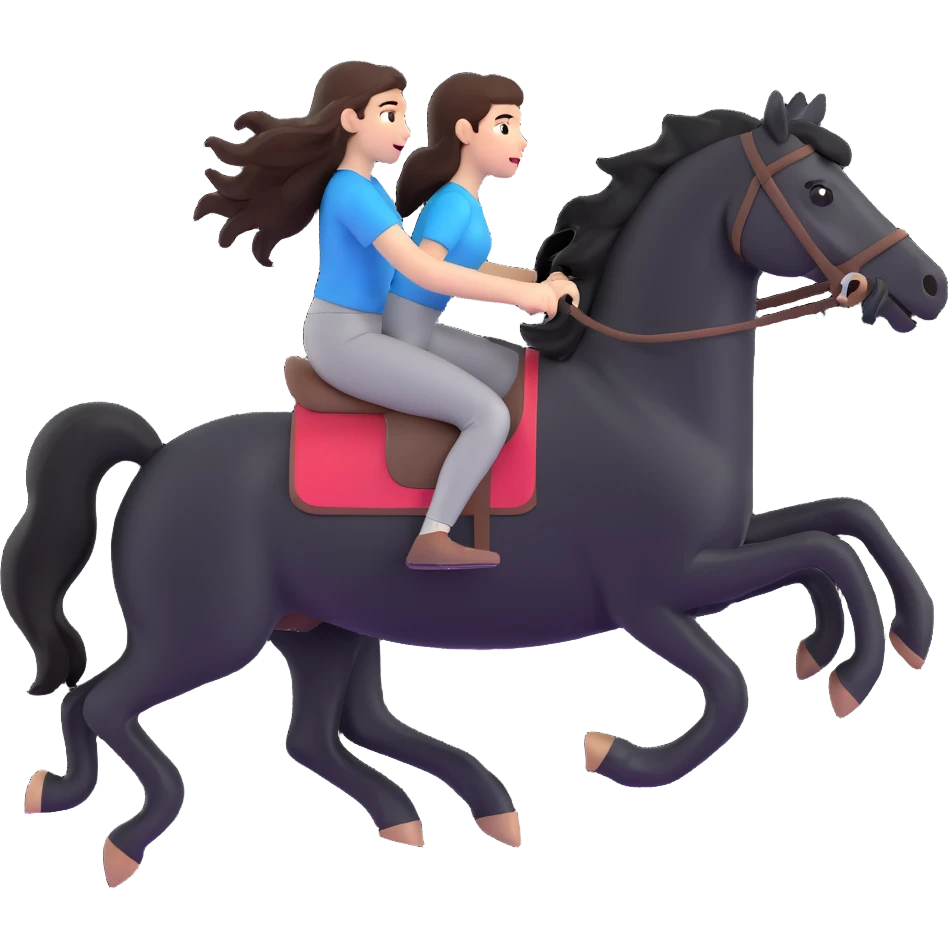 brunette girl with long hair riding a black horse without a saddle, both running, dynamic scene emoji