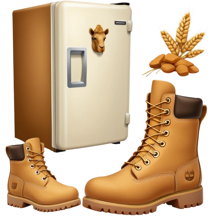 A white refrigerator with a camel head on top, and four Timberland-style wheat colored work boots attached to the bottom corners emoji