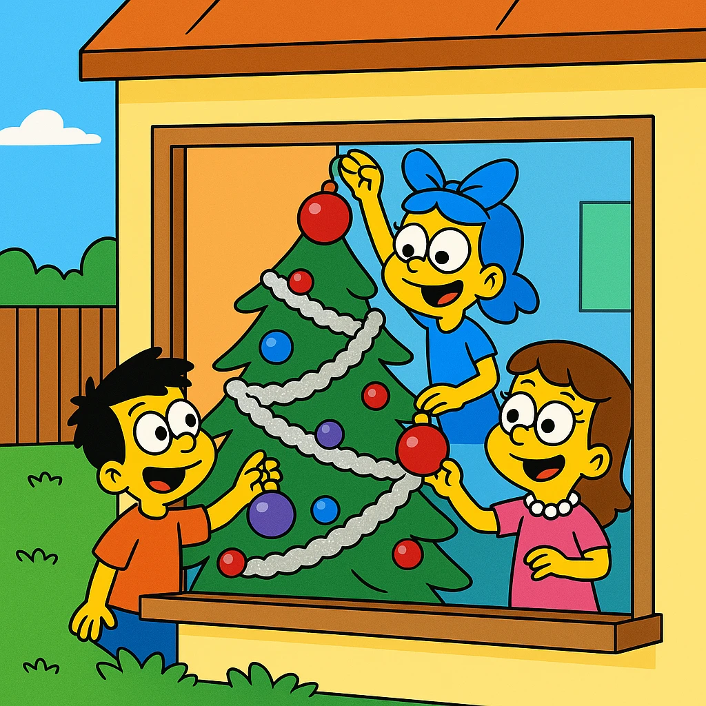 The children covered the tree in tinsel and ornaments. 3 children inside the house. Christmas incoming. emoji