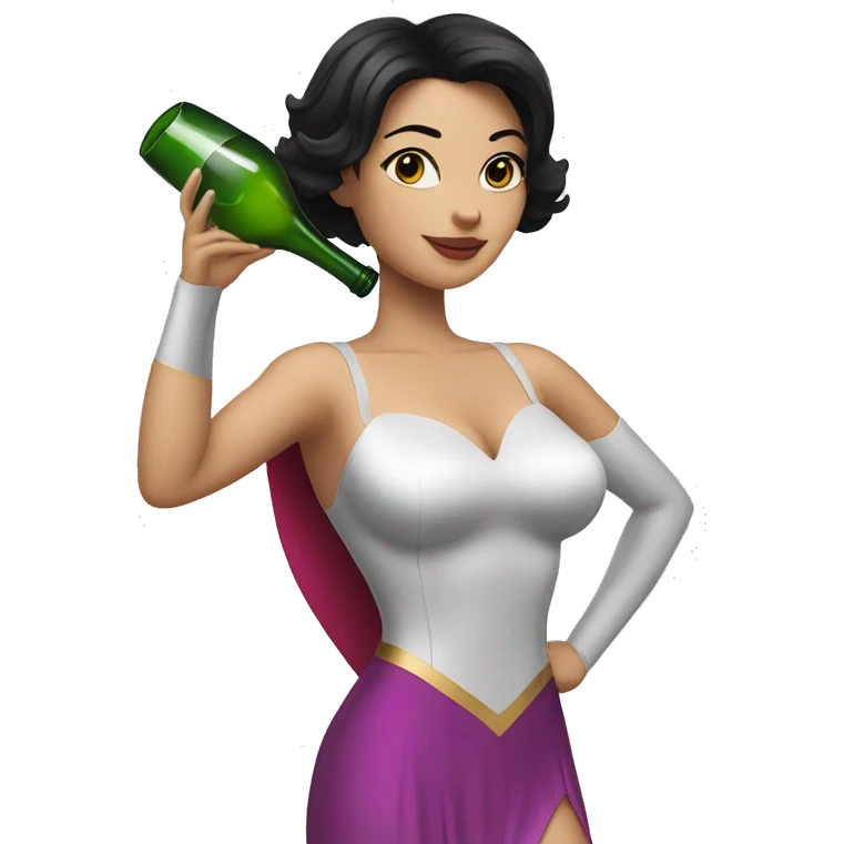 White working girl in a superwoman costume with black hair holding a champagne bottle emoji