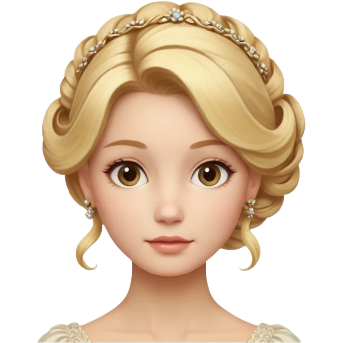 Cinematic Realistic Rococo Portrait, depicted with lifelike skin texture, subtle rosy undertones, and soft natural lighting that enhances the gentle contours of her face. Her intricately detailed golden blonde hair is elegantly styled in an updo, with delicate wisps framing her face.  emoji