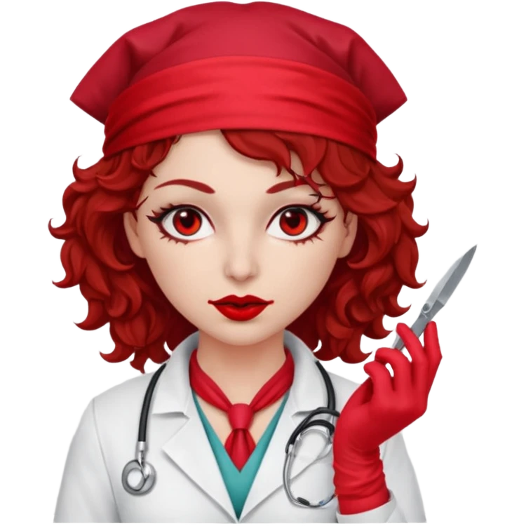 Lilith scalpel in hand, evil surgeon sexy surgeon clothes.  She has red eyes. Dark brown curly hair. Wears sexy doctor outfit with red gloves.covers her mouth necknose with red bandana to hide  her identity. Hair is long and brown emoji