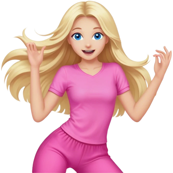 Pretty Blonde with long hair model, blue eyes In pink clothes super excited and happy dance emoji