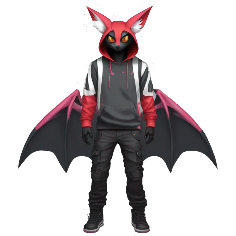 Dark Unique Anthro Cool Kawaii Horned Bat-Winged Zangoose-Litten-Pokémon with edgy stripes Punk Techwear Hoodie Cargo Collar emoji