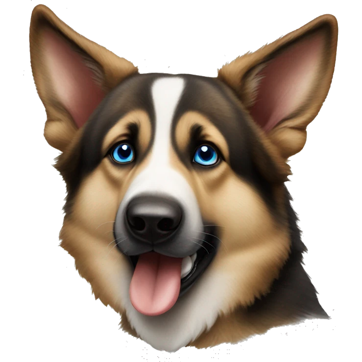 brown and white German shepherd, with blue eyes, has a panda teddy in its mouth emoji