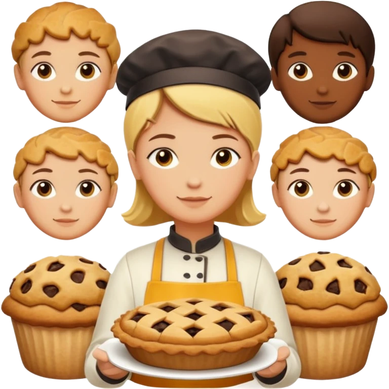 Baking community humanless avatar in vibrant style illustration. Pie, cookie, and muffin warm golden tones, simple shapes, flat design, high contrast. emoji