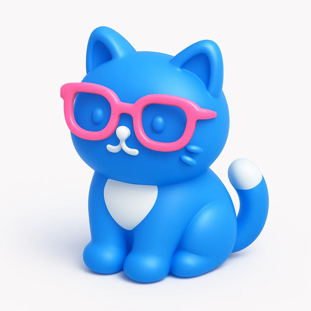 A cat with pink glasses in 3D IOS style, with a blue background, Cute, rounded 3D models with bright colors and playful designs. emoji