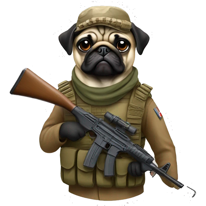 A pug in a war outfit with a AK-47 emoji