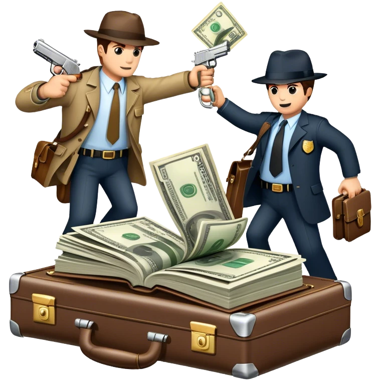 Icon for Action & Crime Reading: an open book with action-packed scenes, featuring a gun, handcuffs, a detective's badge and a briefcase with money. The icon should capture the tension and excitement of crime and action stories. Transparent background. emoji