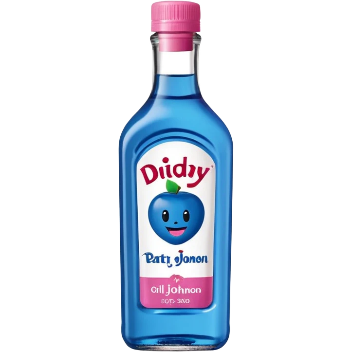 bottle of oil blue top pink outside with logo that says Diddy Party oil Johnson and Johnson  brand with a smiling berry on top emoji