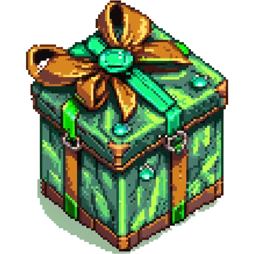 voxel-style floating gift box with rustic brown sides, lighter clay streaks, neon-green turf lid spilling over, emerald gemstone-edged ribbon wrapping box, bow shaped like binoculars, soft ambient glows and deep shadows, rich violet backdrop, cinematic mysterious effect emoji