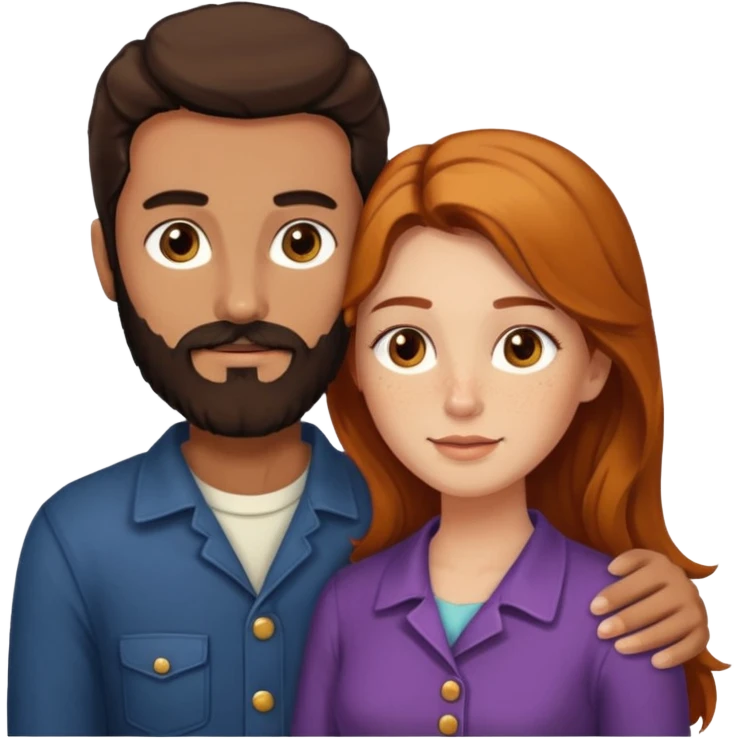 Couple. Bald man with dark brown-black beard. White woman with many small, faded freckles, she has white skin and she has auburn-yellow-brown-cinnamon, dark long hair. She has light brown eyes. The man have hazel eyes. Retro style. They hug. emoji