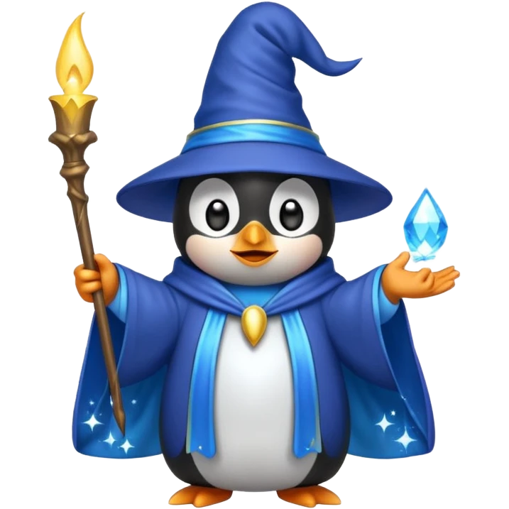 penguin wizard casting a spell with sparkles and a blue robe, emoji style emoji