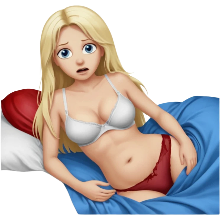 Blonde baddie with very longhair blue eyes   lay in a bed in underwear sie hat Todesangst und guckt schmerzhaft erschrocken Bauch aufgebläht und Bettlacken blutig ihre Brüste unnatürlich riesengroß. Gespreizte Beine ein Mann war das, der ihren Bauch aufpumpt der kurz vorm platzen ist orgasmus emoji