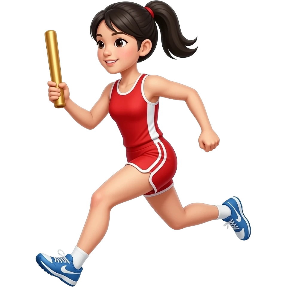 An Asian girl wearing a red track and field uniform with a baton in her left hand and is running emoji