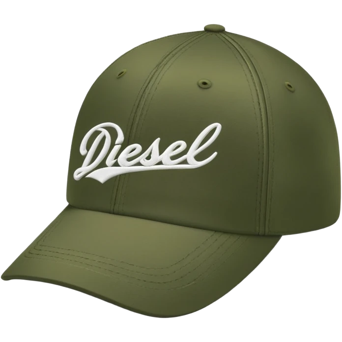 Dark olive green Diesel baseball cap, white script Diesel lettering with logo underneath, standalone hat without person emoji