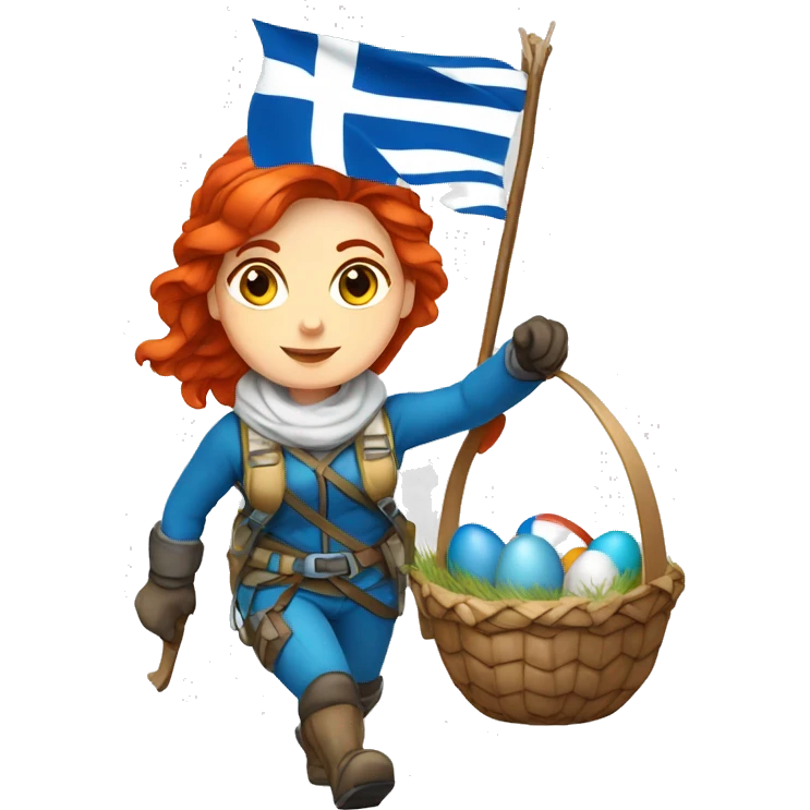 Greek Female winter mountaineer red hair white skin climbing with Greek Flag and Easter eggs basket emoji