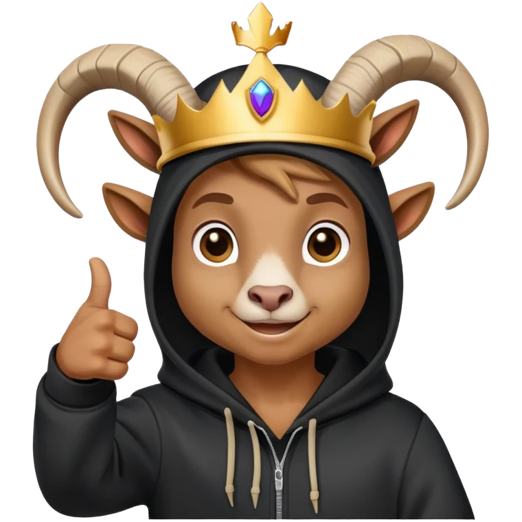 Goat with horns wearing black hoodie and a royal crown thumbsup emoji