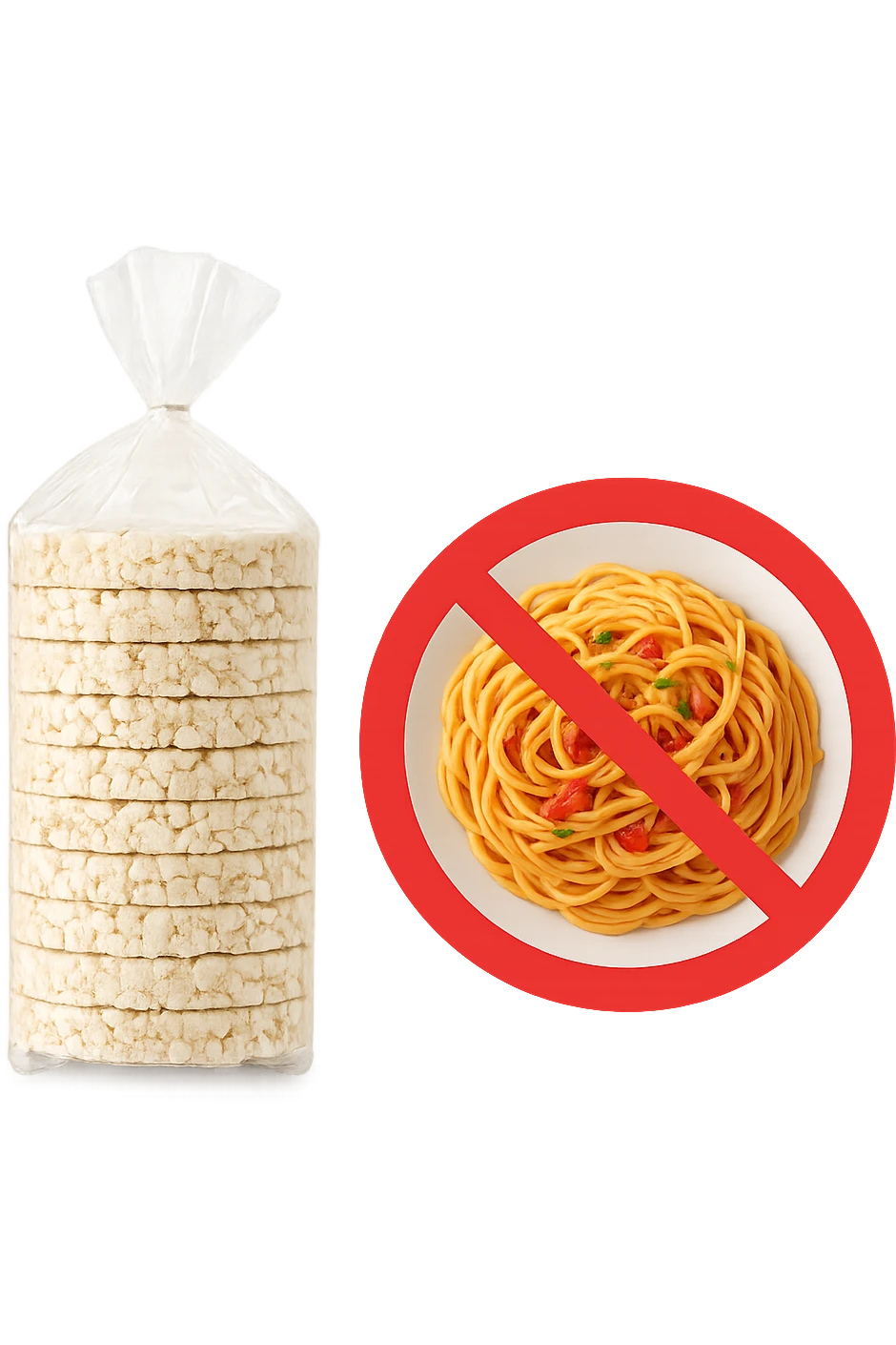 confezione di gallette di riso con accanto un piatto di pasta con divieto sopra, in italiano,  realistici emoji