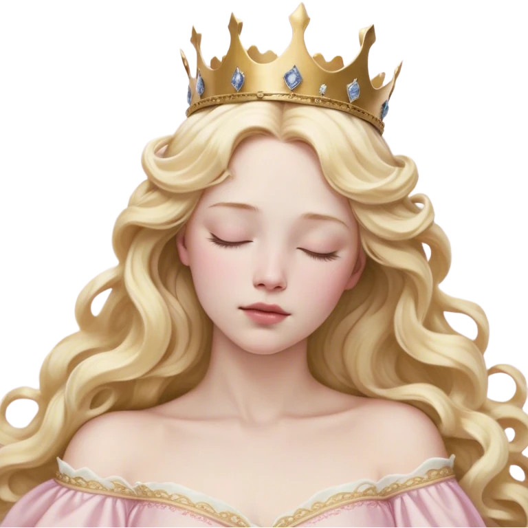 Cinematic Realistic Sleeping Beauty (Aurora) Portrait, with porcelain-like skin featuring a natural rosy flush, illuminated by soft lighting that highlights the gentle contours of her face. Her golden blonde hair flows in soft, detailed waves with subtle highlights that shimmer in the light. Her deep violet-blue eyes radiate warmth and innocence, framed by arched brows and long lashes. With a soft, serene smile, she holds a delicate rose gently in one hand, her other hand resting lightly by her side. She is dressed in her classic pink gown, the fabric rich in texture with delicate folds that catch the light. A golden crown rests atop her head, gleaming with royal refinement. The portrait captures a soft, glowing aura, blending realism with an ethereal sense of beauty and timeless enchantment. emoji