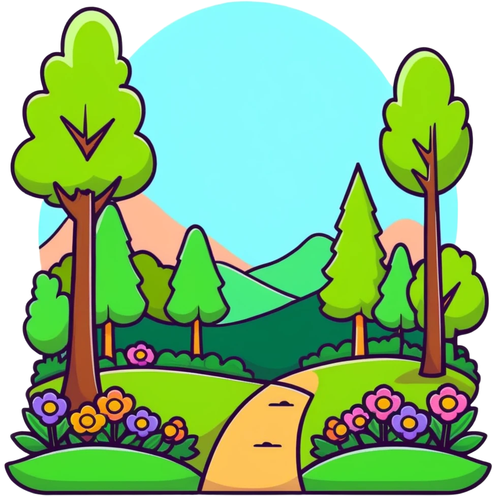 spring forest scene with colorful flowers and green trees in cartoon sticker style emoji