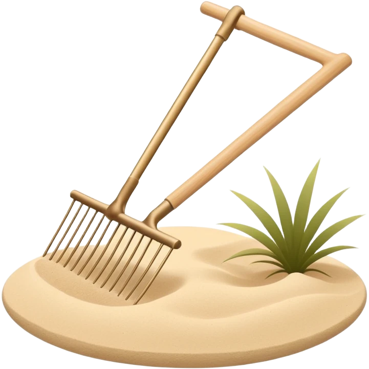 Minimalist emoji of a Japanese zen garden rake, elegant thin lines, light wood tone, sand-beige palette, flat vector style, calm and balanced aesthetic, inspired by zen tranquility, transparent background, premium minimal design emoji