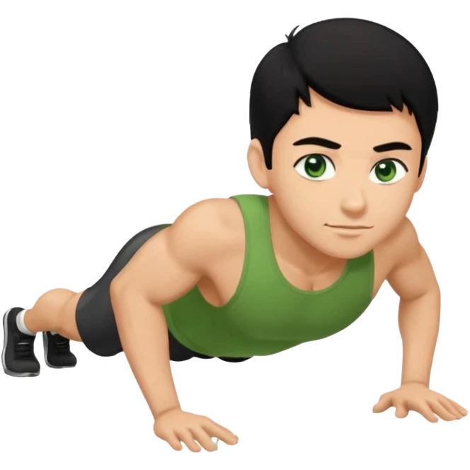 Man with black hair, green eyes doing push ups emoji