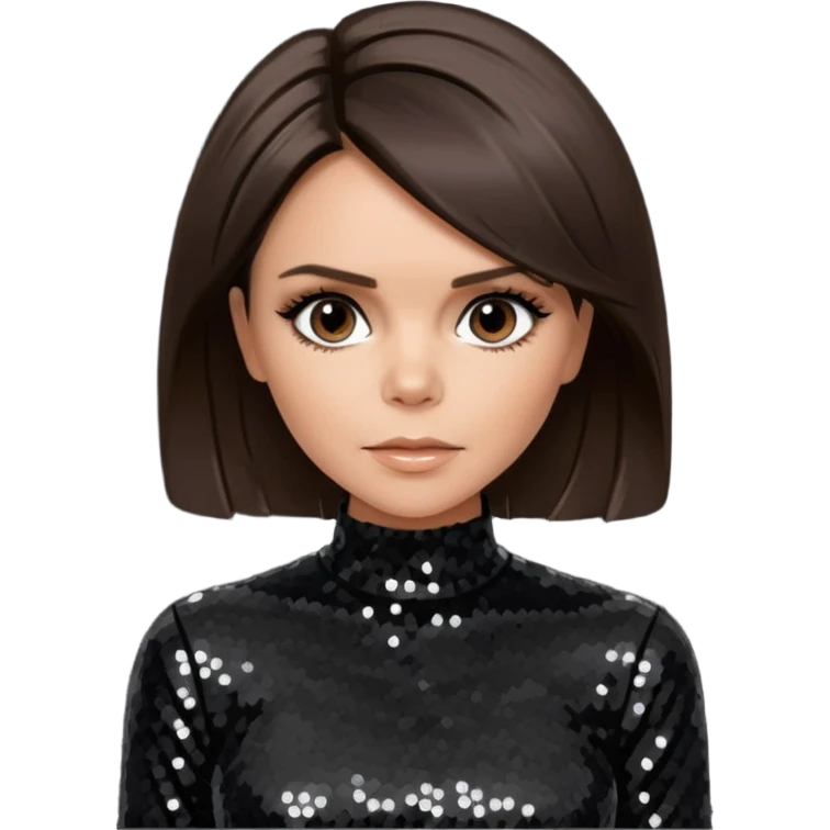 Victoria Beckham from Spice Girls with medium dark brown hair, black sequin outfit emoji