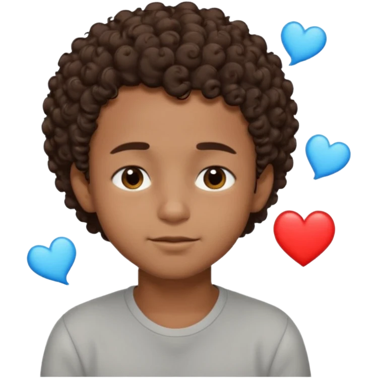 Brown boy with short curly hair dreaming abouthis girlfriend small smirk on his face eyes closed with a little heart next to him emoji