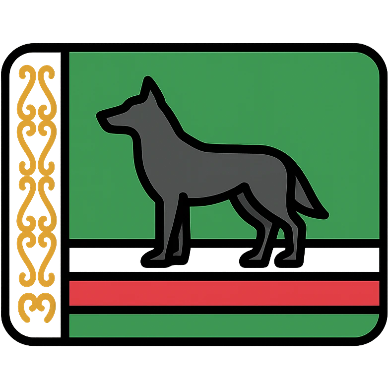 Chechnya flag with green background, white and red stripes at the bottom, white vertical stripe with gold pattern on the hoist, wolf silhouette overlay, vector style emoji