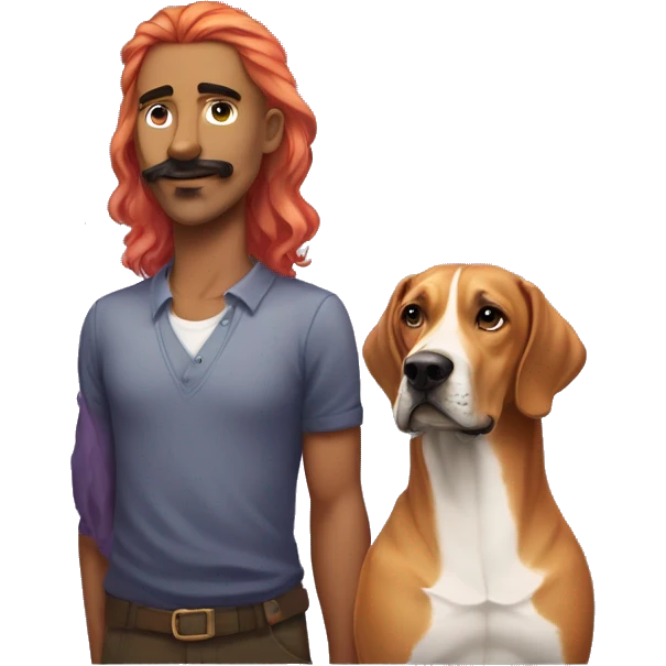 white male with long rainbow colored hair and curled mustache standing alongside a brown rhodesian ridgeback dog emoji