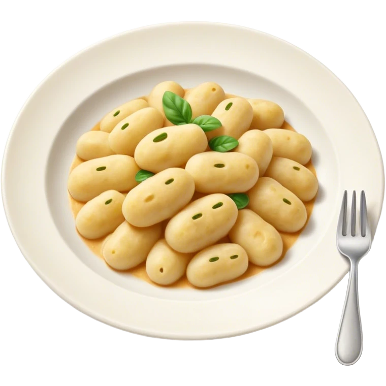 Gnocchi Cinematic Realistic Gnocchi Dish Emoji, depicted as tender oblong potato gnocchi garnished with iconic fork marks on top, rendered with soft textures and warm, inviting lighting. emoji
