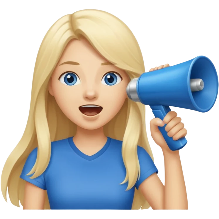  blue eyes blonde girl yelling into megaphone smiling long hair emoji
