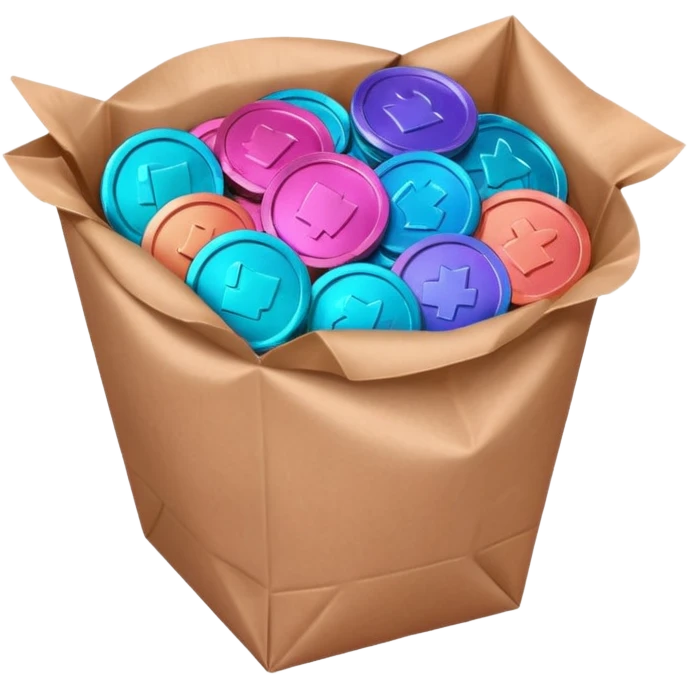 coins in gradient of turquoise, blue, pink, purple, and coral color inside a brown bag emoji