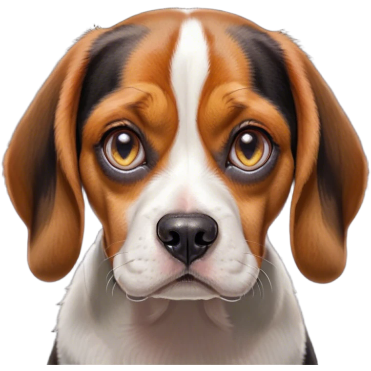 Cinematic Grumpy Tri-Color Beagle Portrait Emoji, Head tilted slightly with a deeply unimpressed expression, featuring a thick tri-color coat of white, brown, and black, large, droopy hazel eyes narrowed into an unamused glare, floppy ears slightly drooping in exasperation, Simplified yet comically expressive features, highly detailed, glowing with a dry, sarcastic glow, high shine, effortlessly judgmental yet dignified, stylized with a touch of cynicism, bright but brooding, soft glowing outline, capturing the essence of an eternally unimpressed yet endearing companion, so lifelike it feels like it could sigh heavily at you in disdain at any moment! emoji