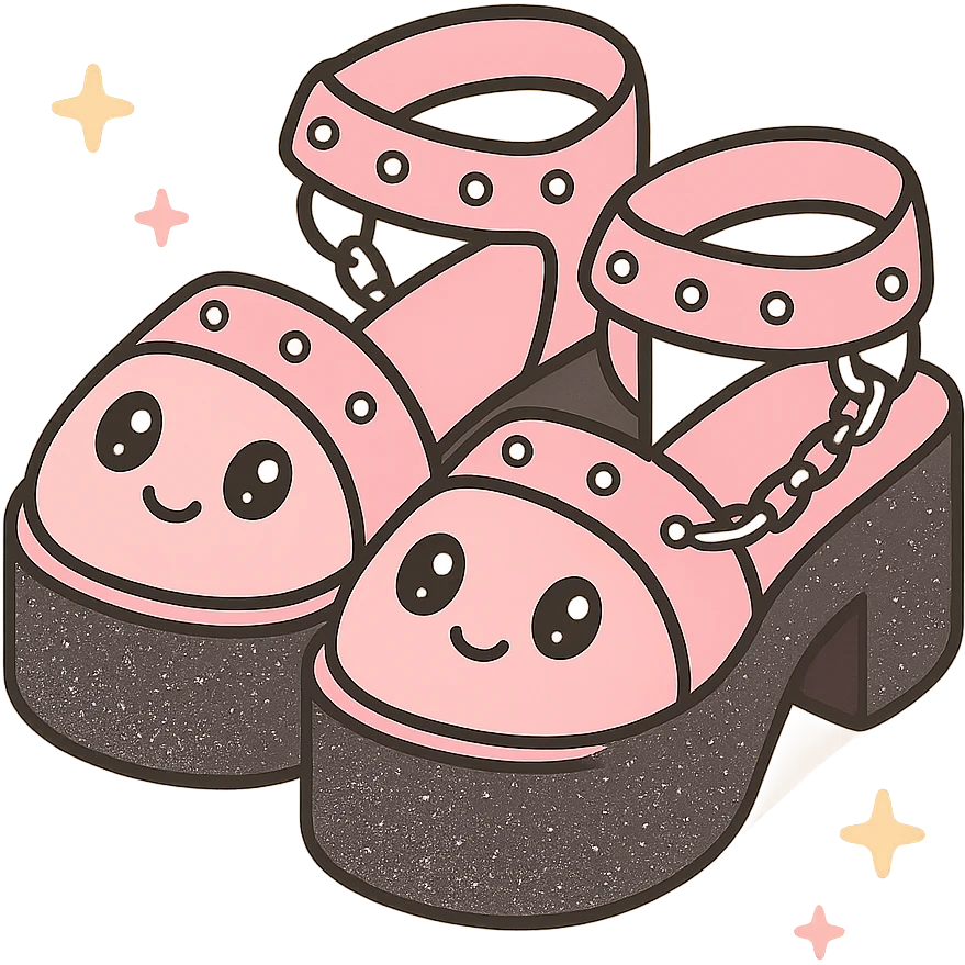 Add a subtle glitter effect to the black-to-pastel pink gradient platform sandals with silver studs and chains, kawaii style, no socks, no hearts, transparent background emoji