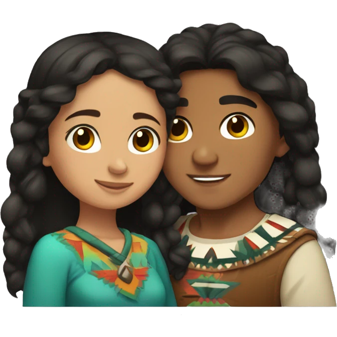 Native Americans girl with brown hair and Mexican boy with black curl hair cuddling emoji