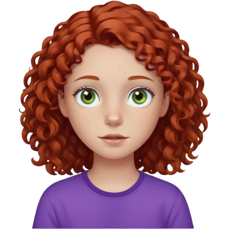 pale white teen girl with light blueish green eyes and freckles with brownish red curly middle part hair and purple shirt emoji