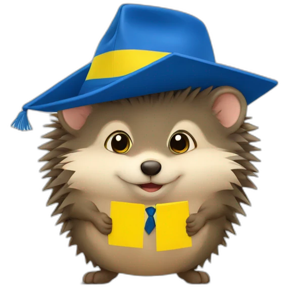 A hedgehog student in a suit in the color of the Ukrainian flag in a square academic cap emoji