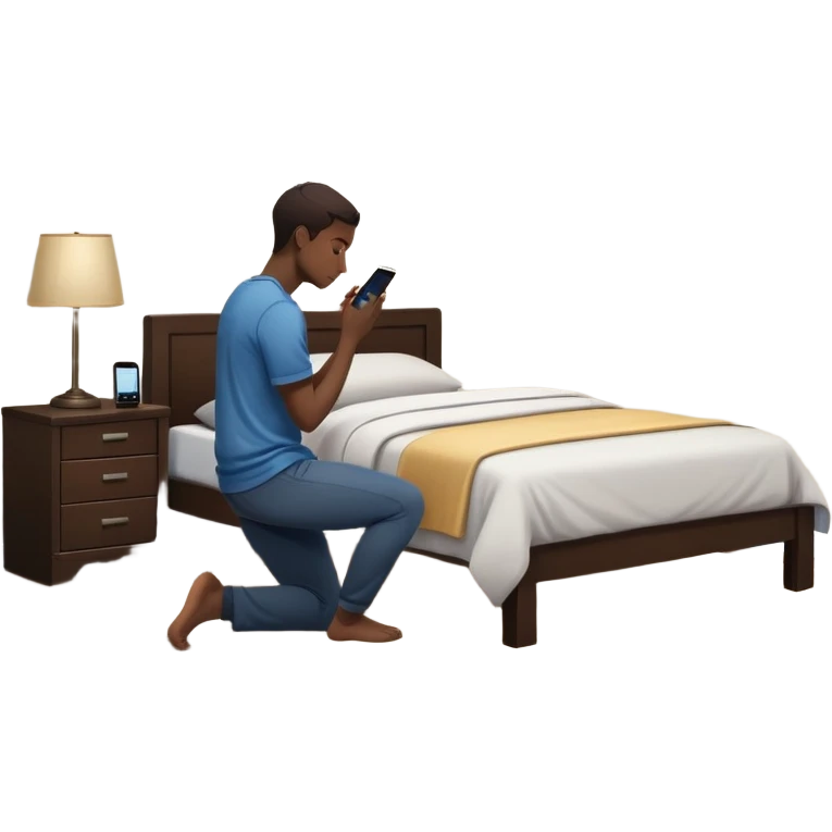 A Gen Z young person kneeling beside bed in bedroom at night praying, smartphone on nightstand, wearing casual clothes, dim lighting, posters on wall emoji