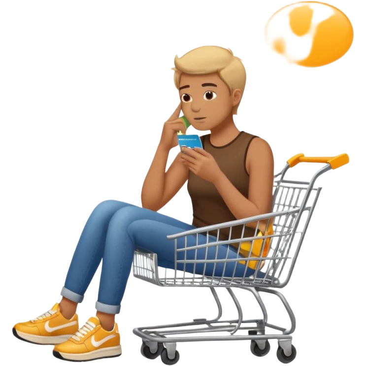 Emoji-style illustration of a person holding a credit card, hand on chin thinking. A thought bubble above the head showing clothes, sneakers, and a shopping cart, representing deciding whether to spend money. Clean, modern emoji style, bright colors, white or transparent background. emoji