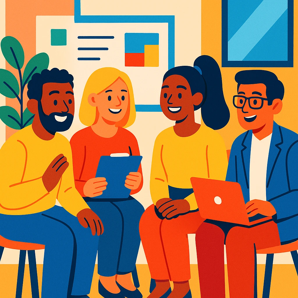 a friendly work team during a circle briefing, smiling, collaborative, modern office, diverse group, vibrant colors emoji