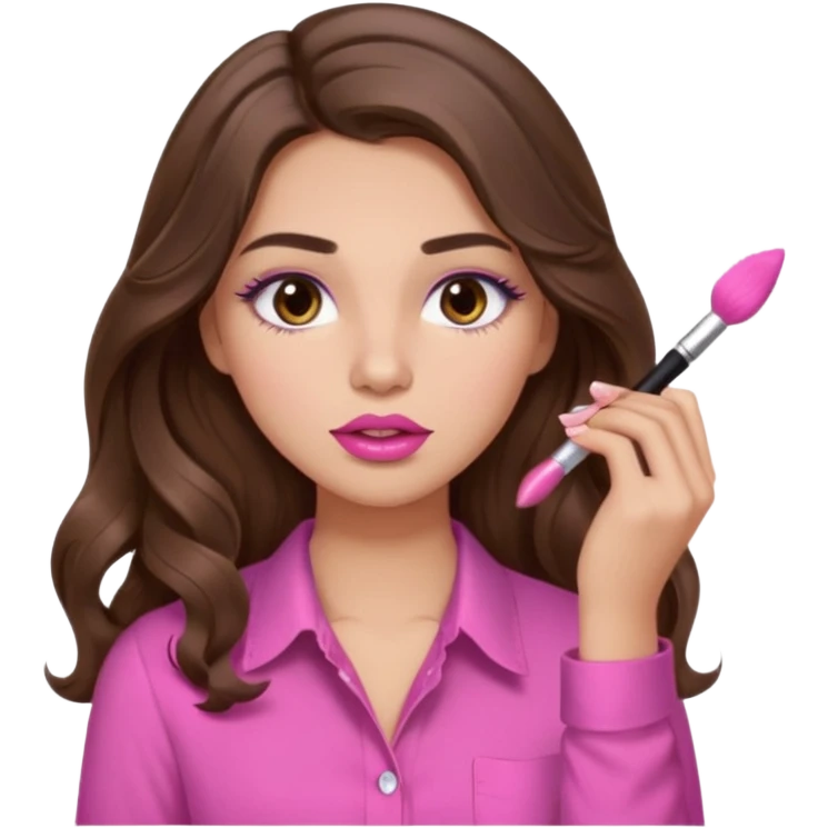 girl with long wavy brown hair, brown eyes, light to medium complexion, in a pink shirt, pink lips, long lashes, puckered lips, putting on makeup emoji