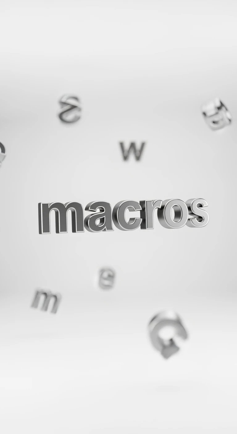 le parole "macros" fluttuano in aria, sfondo bianco emoji