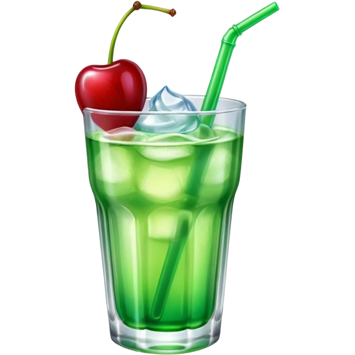 Create an emoji with a very clear rounded glass and ice, bright transparent green soda , a smooth vanilla scoop circle shape, a glossy red cherry, using vibrant colors, soft shading, and clear glass highlights.
 emoji